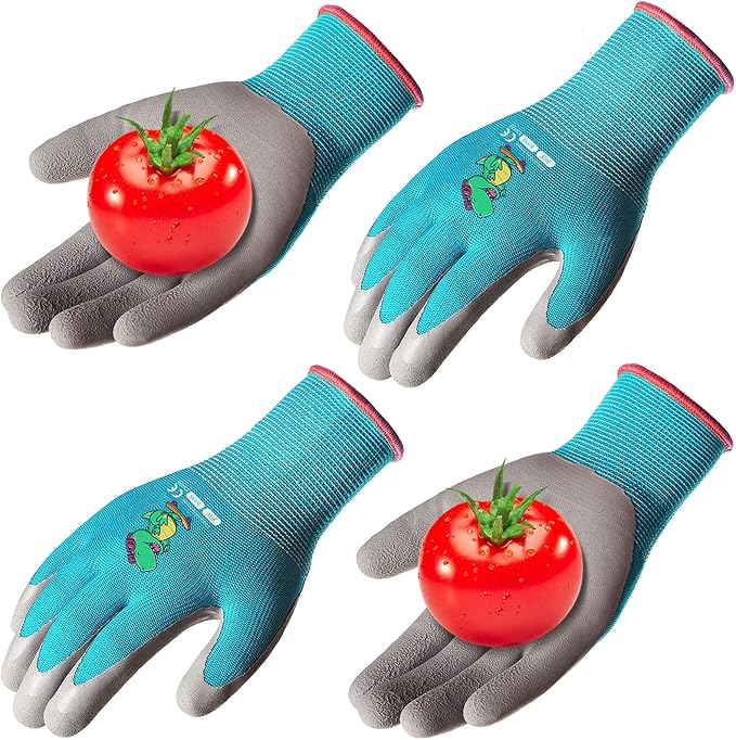 Ages 3-5 Kids Gardening Gloves,Yard Work Gloves for Toddlers, Youth, Girls, Boys, Childrens, Soft Safety Rubber Gloves (XXXS Age 3-5, 2 Pairs Blue Dinosaur)