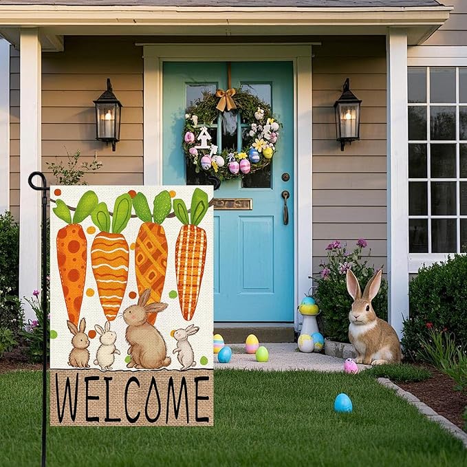 Easter Garden Flag 12x18 Inch, Double Sided Carrots Bunny Flag for Yard Outdoor Decoration