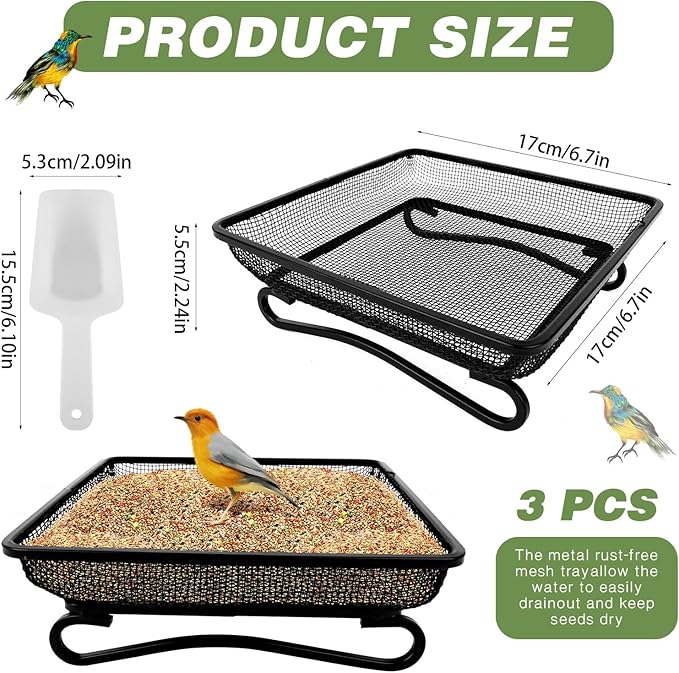3 Pcs Platform Bird Feeder with Scoop, 6.7 x 6.7 x 2.2 in Ground Bird Feeder Tray Metal Square Squirrel Feeders Rust Resistant Mesh Seed Tray for Outside Wild Birds Dove
