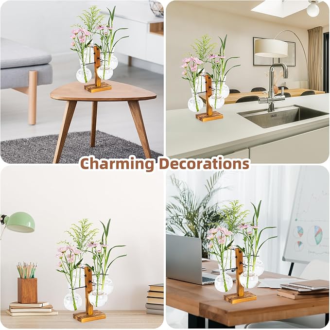 Plant Propagation Station with Wood Stand, Propagation Vases for Plants, Terrarium Kit for Home Office Garden Decor, Gifts for Plant Lovers - 4 Bulb Glass Vases
