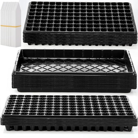 Yinder 20 Pcs Seed Starter Trays Tray Kits with Dome 128 Cells Plug Trays and 1020 Tray No Holes with 100 Pcs Tags Seed Starter Kit for Nursery Germination Plant Propagation Gardening Greenhouse