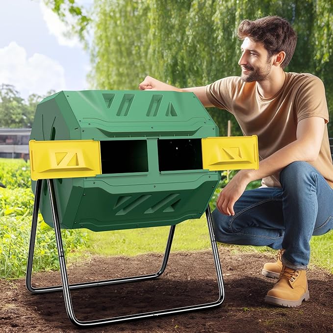 SUPER DEAL Outdoor Composter Bin, 43 Gallon Dual Chamber Composter Tumbler 360° Rotating BPA Free with Sliding Doors Heavy Duty Steel Frame for Garden Yard Kitchen Waste, Green