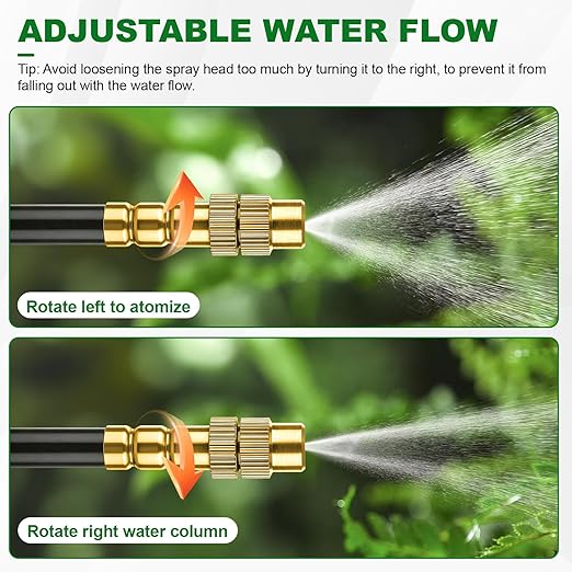 Drip Irrigation System 30FT, 1/4 inch Hose Garden Irrigation Kit with 10pcs 360° Adjustable Copper Nozzles, Upgrade Atomizing Watering System for Yard, Plants, Lawn, Greenhouses Accessories