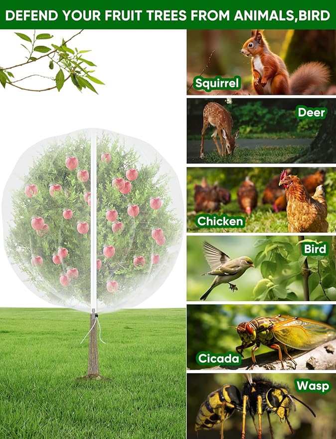 Fruit Tree Netting with Zipper - 4Pcs 5.3 x 8 FT Garden Bird Netting for Blueberry Bushes with Drawstring,Insect Plant Protection Mesh Net Bags for Tomato,Flowers,Animals,Cherry (4, 5.3 x 8 FT)