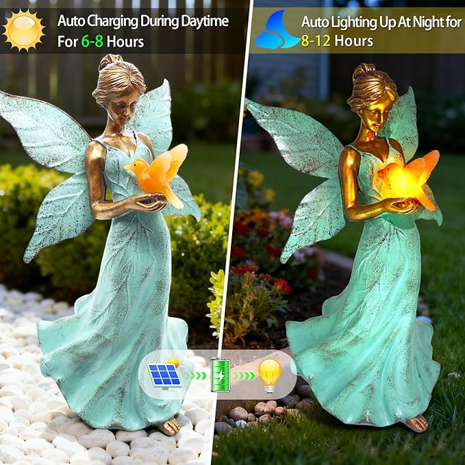 Solar Fairy Garden Statue Decor - 10 Inch Angel Statue Girls Resin Waterproof Home Decoration with Hummingbird LED Lights for Bedroom Balcony Table Yard Patio, Gifts for Women Mom Grandma Birthday