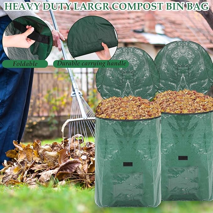 Berlune 4 Pack 132 Gallons Reusable Yard Waste Bag Garden Lawn Leaf Collector Bag Large Heavy Duty Collapsible Compost Bin with Lid and Handles for Outdoor Debris Leaves Grass Clippings