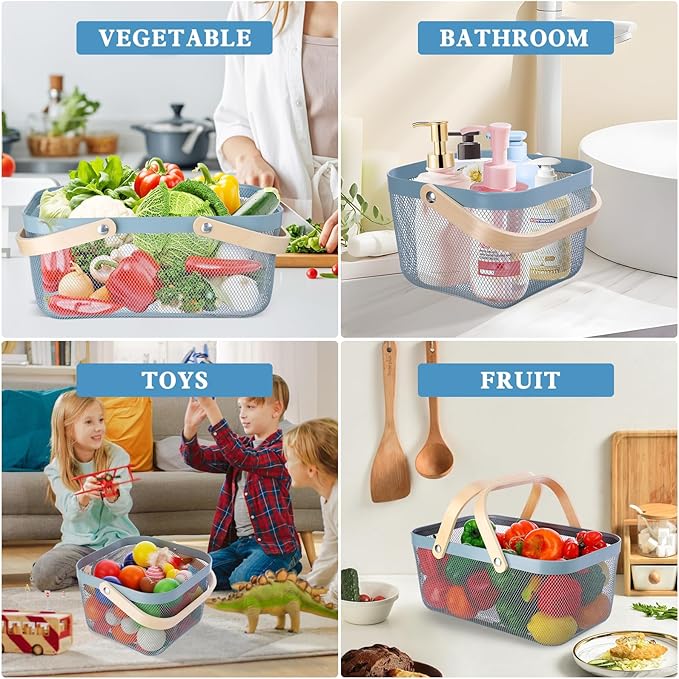 Dualshine 2 Pack Garden Harvest Basket, Metal Mesh Wire Picnic Basket with Handle, Rectangle Garden Baskets for Gathering Vegetables, Fruits, Kitchen, Home Cabinet Closet and Office(Blue)