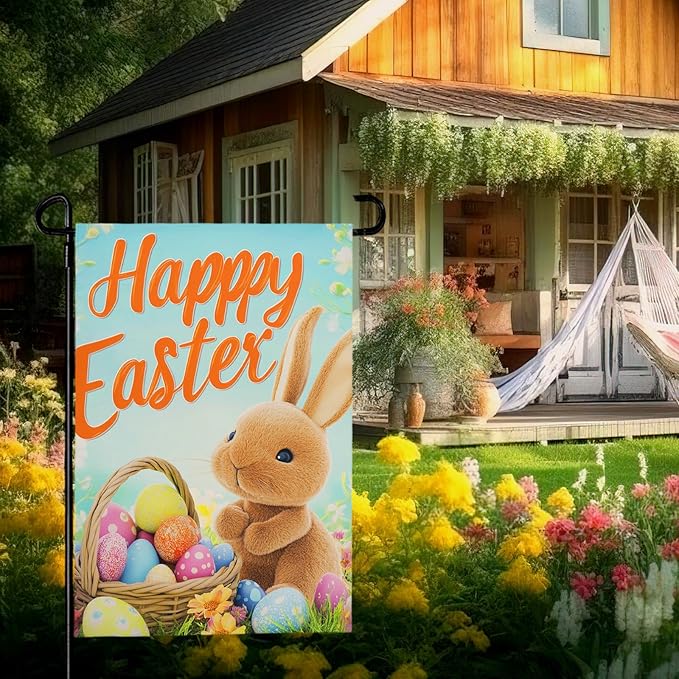 Happy Easter Bunny Garden Flag 12x18 Inch Double Sided Rabbits Colorful Eggs Yard Flags Spring Floral Small Flags for Outside Graden Home Decorations