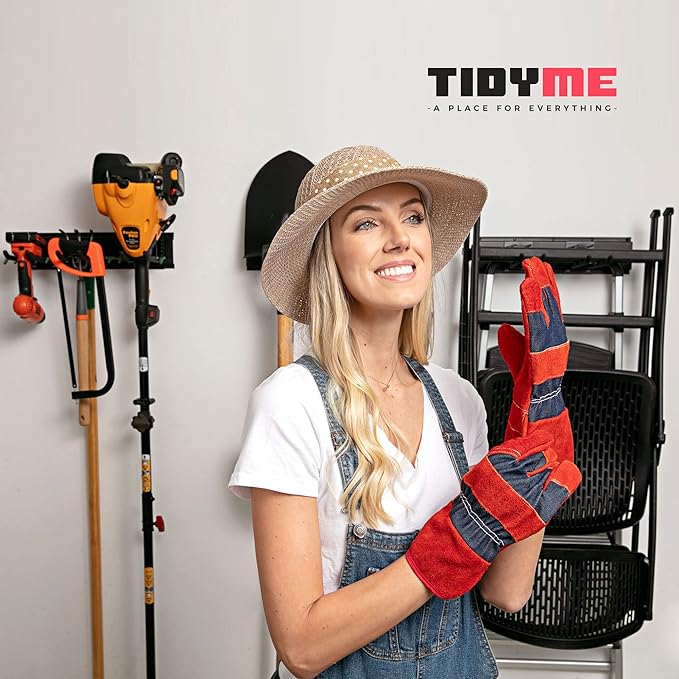 TIDYME Garage Tool Organizer Wall Mount | 64-Inch Garage Wall Organizer & Folding Chair Rack | Heavy-Duty Tool Hanger System | 12-Piece Kit with 4 Steel Rails & 8 Adjustable Hooks | 400 lbs Capacity