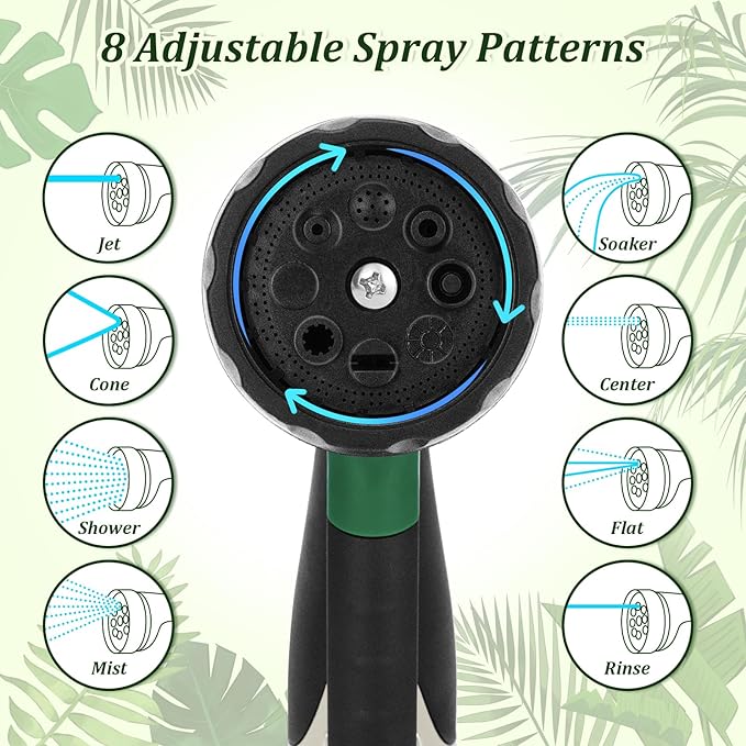 MORROWIND Garden Hose Nozzle, Heavy Duty Metal Water Nozzle with 8 Adjustable Spray Patterns, High Pressure Ergonomic Flow Control for Watering Plants, Lawns, Washing Cars, Pets, Black with Green