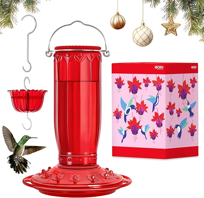 iBorn Hummingbird Feeders for Outdoors Hanging with Ant Moat for Hummingbird Feeder Glass 12 Ports for 16oz Humming Bird Nectar, Red Glass, Pack of 1