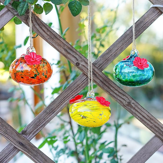 Set 3 Small Blown Glass Hummingbird Feeders for Outdoors Hanging with 2 Flower Feeding Ports 3inch Glass Humming Bird Feeders Garden Decor for Outside