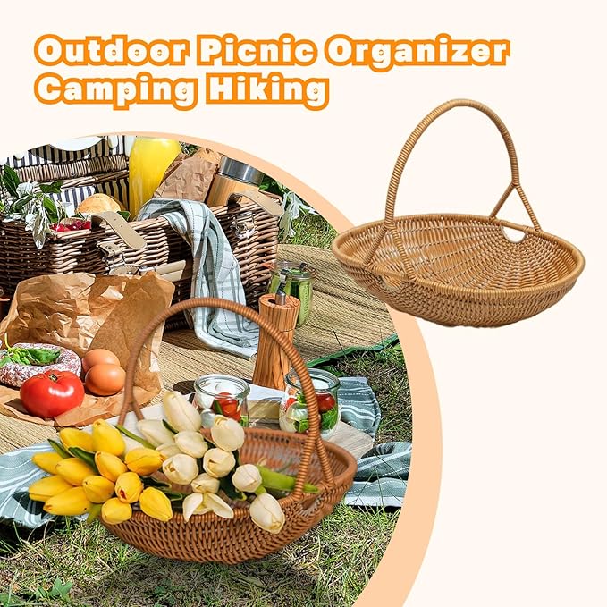 MYCENSE Wicker Picnic Storage Basket with Handle, PP Woven Empty Picnic Baskets, Sturdy Iron Wire Frame, Versatile Harvest Basket for Camping, Beach, Park, Halloween, D 26x20.5x7cm