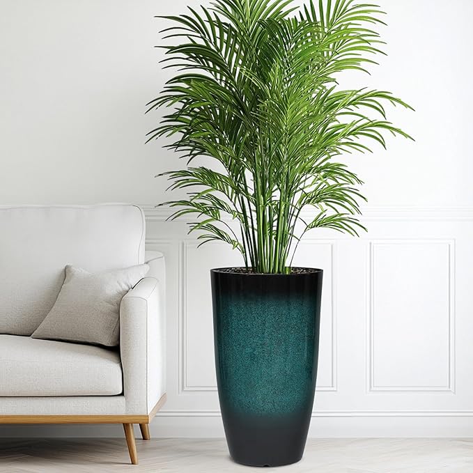 23.8" Tall Outdoor Planters Set of 2, Ceramic-Look Large Flower Pots for Indoor Outdoor Plants, All Seasons for Porch, Balcony, Garden, Patio or Home Art Decor, Gradient Turquoise Finish