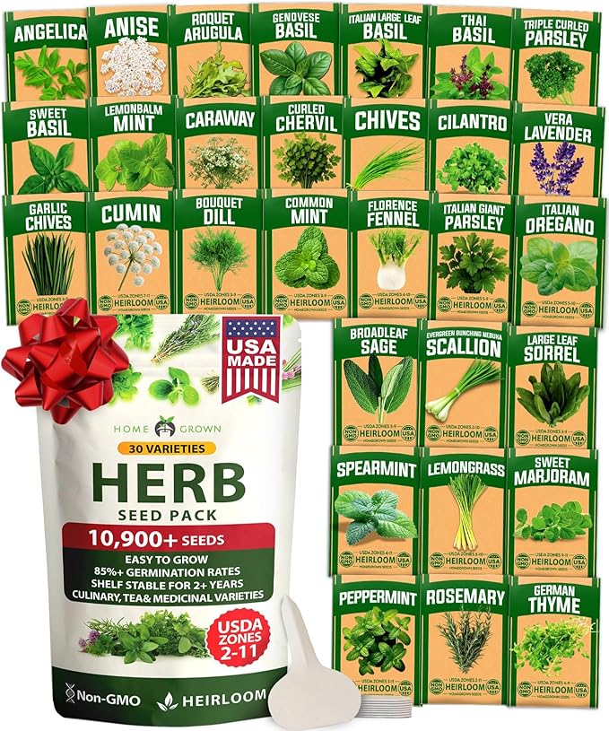 HOME GROWN 30 Herb Seeds for Planting 10,900+ Non-GMO Heirloom Seeds | Extra Large Variety Pack Herb Kit – Indoor Outdoor & Hydroponic | Culinary Seed Set | Grow Your Own Herbs | Gardening Gift