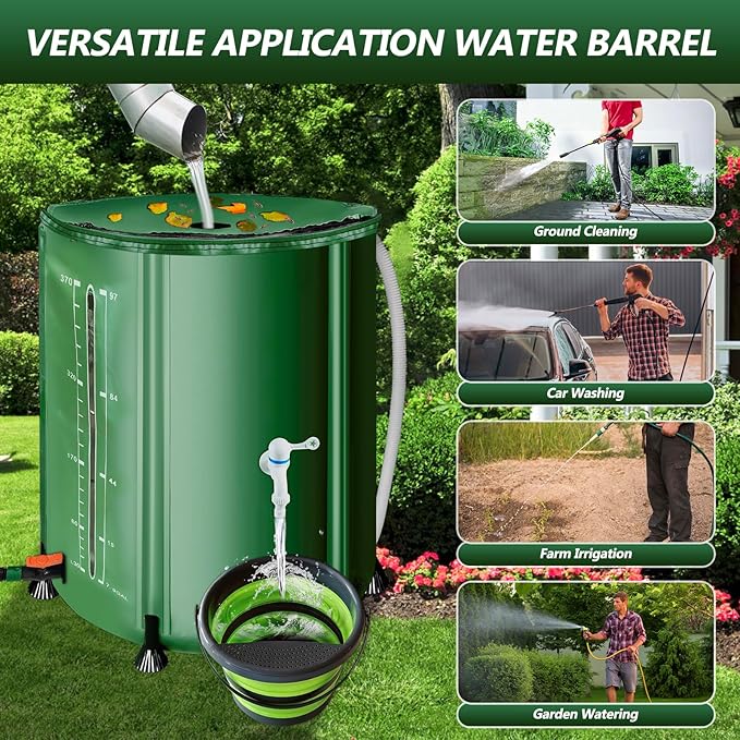 53Gallon/200L Rain Water Collection Barrel, Portable PVC Rain Barrels to Collect Rainwater from Gutter, Large Capacity Rainwater Collection System with Water Level for Garden Water Catcher, Green