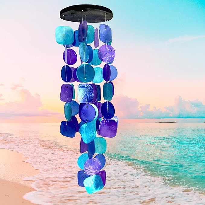 Bellaa 20414 Wind Chimes Outdoor, Garden Decorations, Musical, Indoor/Outside Windchimes, Beach, Ocean Breeze, Gifts for Mom, Gift for All Occasions, Purple Shells 27 inch