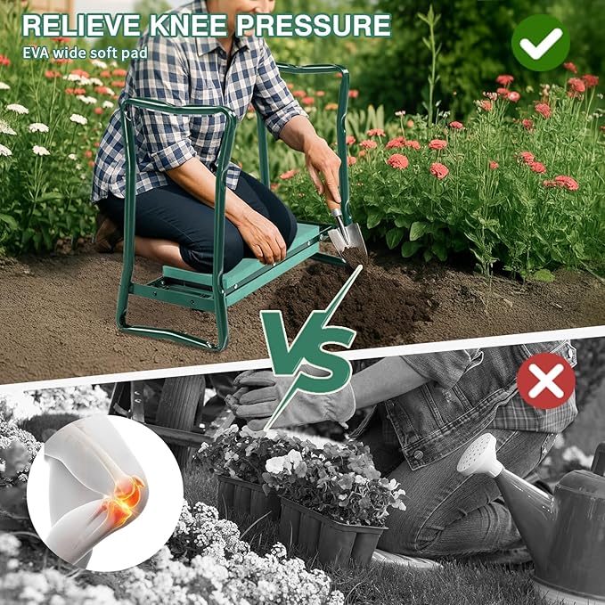 VINGLI 24in Foldable Garden Kneeler and Seat with Tool Pouch, 2-in-1 Function Portable Thicken Soft Kneeling Pad Garden Stool for Backyard, Green, Gifts for Garden Enthusiasts