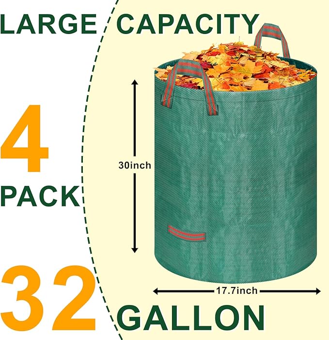 Remiawy Reusable Yard Waste Bags, 4 Packs 32 Gallons Lawn and Leaf Garden Bags Heavy Duty with 4 Handles, Collapsible Yard Waste Containers Camping Yard Recycling Bin for Debris Leaves Grass Clippings