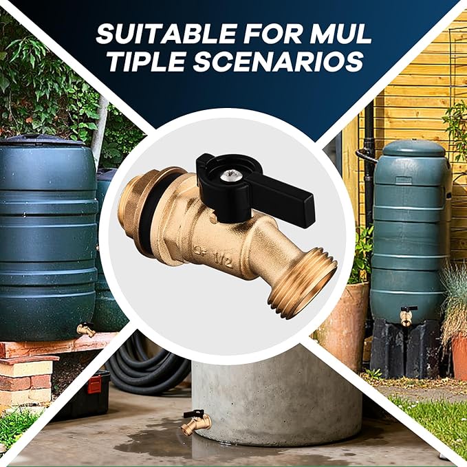 Rain Barrel Spigot Kit 3/4" GHT Lead-Free Brass Water Barrel Spigot,Leakproof Garden Hose Connector Bulkhead Fitting with Drain Valve for Buckets and Rain Barrels DIY Kit