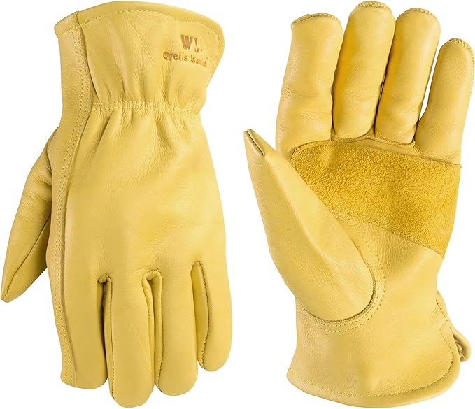 Wells Lamont Leather Work Gloves for Men – Grain Cowhide, Reinforced Palm – Ideal for Construction, Farming, Ranching – Ergonomic Fit, Keystone Thumb, Elasticized Wrist – Saddletan, Small (1129S)