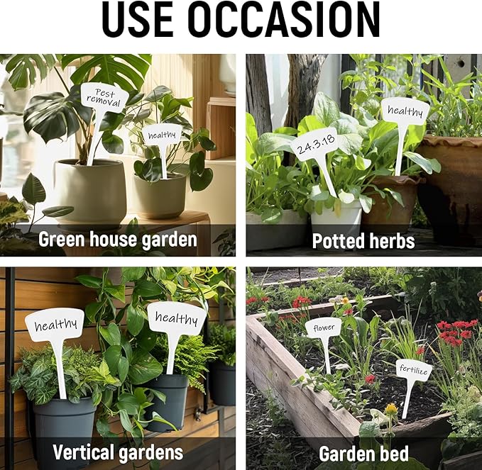 Plant Labels 60 Pcs Yuanling Plant Markers Large Plastic Plant Tags T-Type Waterproof Garden Labels for Outdoor Indoor Potted Plants Flowers Seeds Herbs Belt Garden Marker Pen (White)