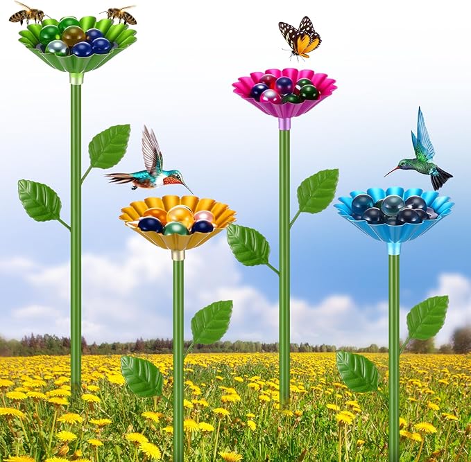 Baderke 4 Pack Bee Watering Station, Metal Butterfly Pollinator Water Feeder with Flower Design, Colorful Bee Bath Bowl with 50 Glass Marbles, Butterfly Watering Station for Outdoor Garden Yard Decor