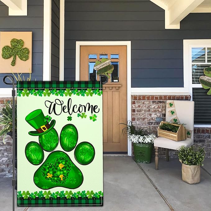 Welcome St Patricks Day Garden Flag Shamrock Irish Dog Paw Garden Flag Happy St Patrick's Day Yard Garden Flags for Outside 12×18 Inch Double Sided Outdoor House Holiday Decorations