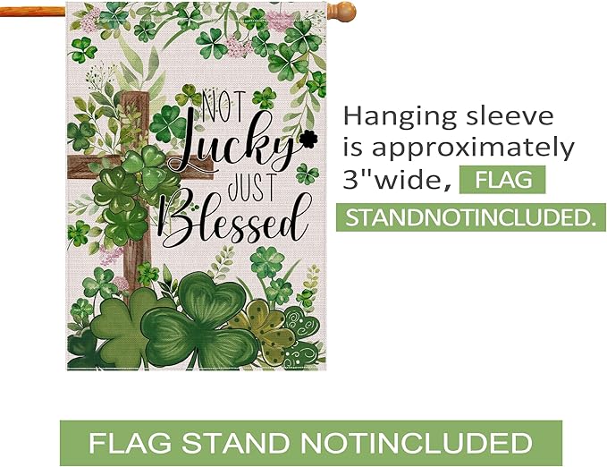 St Patricks Day Flag 28x40 Inch Double Sided Outside, Not Lucky Just Blessed Shamrocks Clovers Cross Burlap Flag Decorations Outdoor Yard Decor