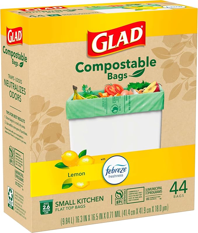 Glad Trash Bags, Kitchen Compost Bags 2.6 Gallon Garbage Bags, 100% Compostable Bag, Febreze Lemon, 44 Count (Package May Vary), Light Yellow