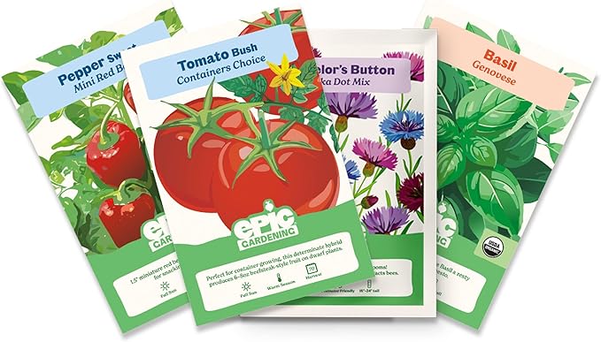 Epic Gardening Mini Garden Seed Kit - 4 Varieties for Small-Space Gardening, Includes Tomatoes, Peppers, Basil & Flowers, Perfect for Urban Gardening in Containers or Indoors, Non-GMO Seeds