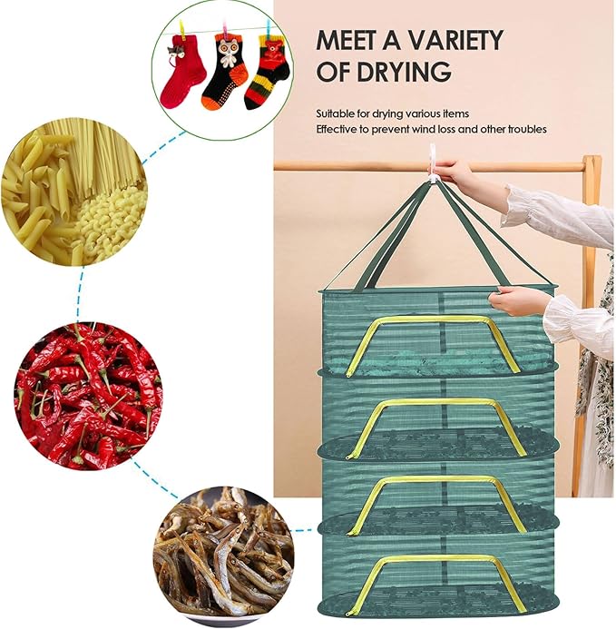 Herb Drying Rack 4 Layer Hanging Design with Green Zippers for Dehydrating, Indoor and Outdoor Pruning Shears Included Plants, Seeds, Buds Outdoor, Hydroponics (Green net Bag)