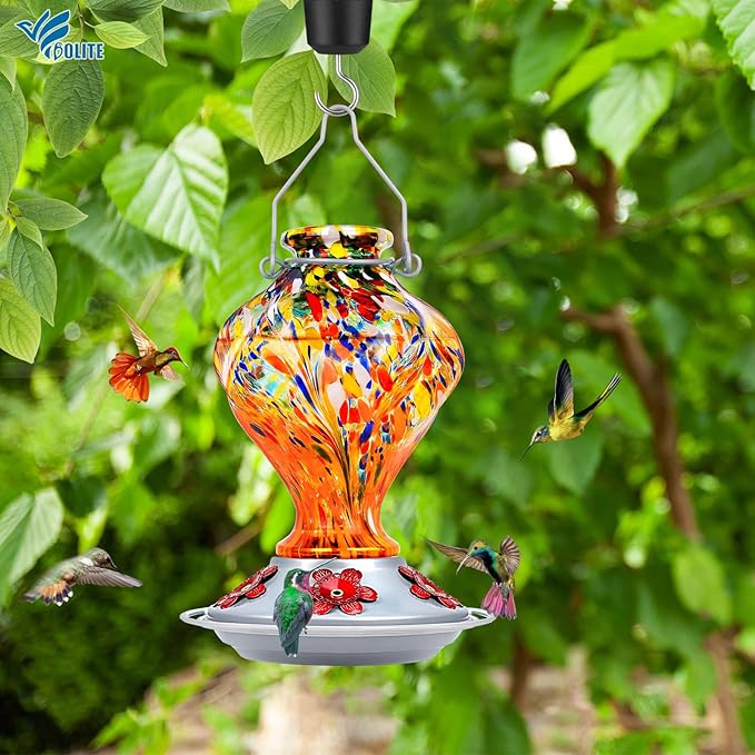 Hummingbird Feeders for Outdoors Hanging, BOLITE Glass Hummingbird Feeder, Hand Blown Twisted with Ant Moat and Five Feeding Ports, 24 Ounces, Leak Proof, Orange, Gifts for Women Men