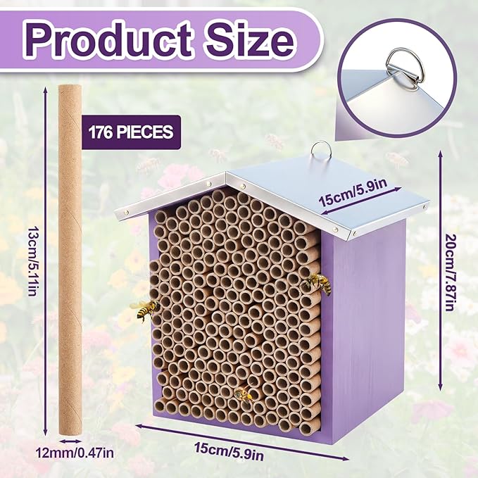 Vicenpal Mason Bee House with Tubes Native Bee Boxes Hive Wooden, Pollinator House Waterproof, Wax Coated Tall Insect Hotel, Butterfly, Ladybirds, Beneficial Insect Habitat, Bug Hotel Garden