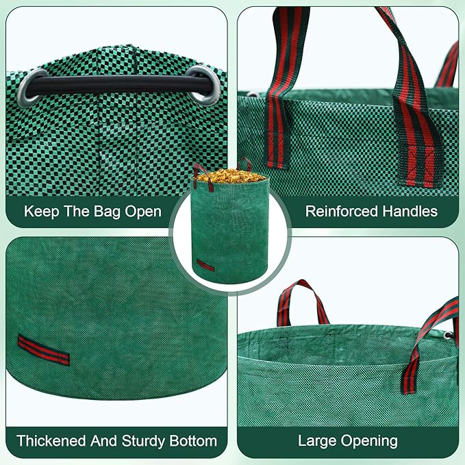 72 Gallons Reusable Yard Waste Bags, 3 Pack Lawn and Leaf Bags with Gardening Gloves, Heavy Duty Garden Waste Bags with 4 Reinforced Handles for Debris Leaves Grass