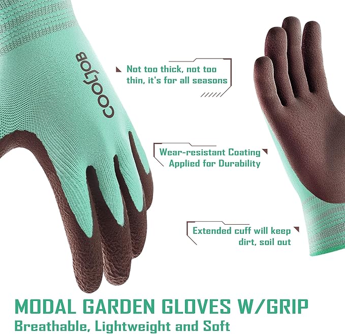 COOLJOB 2 Pairs Breathable Gardening Gloves for Women Medium, Stretch Soft Modal Base with Non Slip Rubber Coating, Palm Dipped Grip Work for Gardener Worker in Lawn Yard Factory Garden