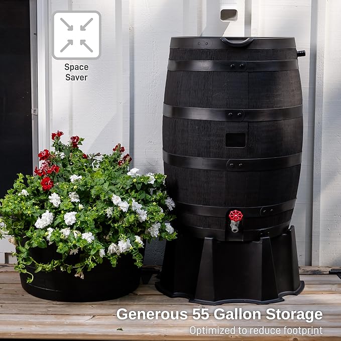 RTS Home Accents Premium 55-Gallon Eco Rain Barrel with Removable Lid, Flat Back Rain Water Collection Barrel, Made with 100% Recycled Plastic, Stand Included, Black