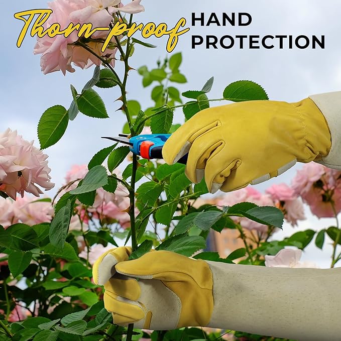 HANDLANDY Rose Pruning Gardening Gloves for Men Women, Thorn Proof Forearm Protection Leather Garden Gloves, Gardening Gifts for Gardeners (Butter Yellow, Small)