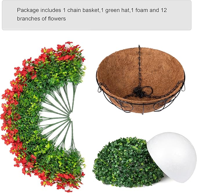 HyeFlora Artificial Fake Hanging Red Plants Flowers Basket for Outdoor Fall Winter Christmas, Faux Silk Daisy Mums Look Real UV Resistant for Outside Porch Home Patio Garden Yard Decoration