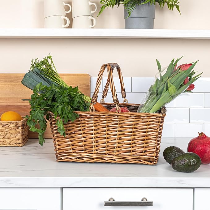 Household Essentials Woven Market Basket, Handwoven Willow Weave, Stylish Handles with Durable Metal Anchors, Classic and Versatile, Attractive, Spacious, Lightweight, Brown Stain