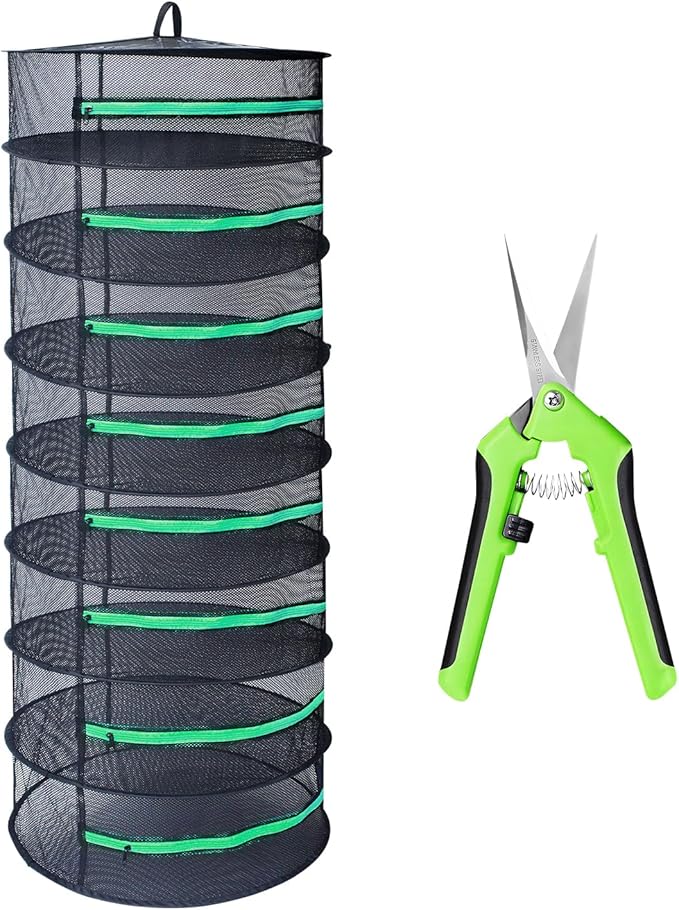 Growsun Herb Drying Rack 8 Layer 2ft Diameter Plant Hanging Mesh Dry Net w/Green Zipper, Free Garden Pruning Shears