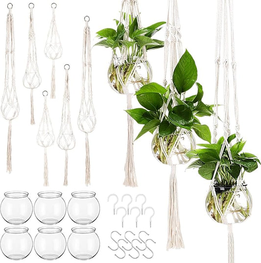 6 Pcs Boho Macrame Plant Hanger with Small Plastic Pot Hanging Plant Holder Wall Planter Propagation Station Include Hooks Kit for Indoor Home Garden Office Decor 3 Size (White)