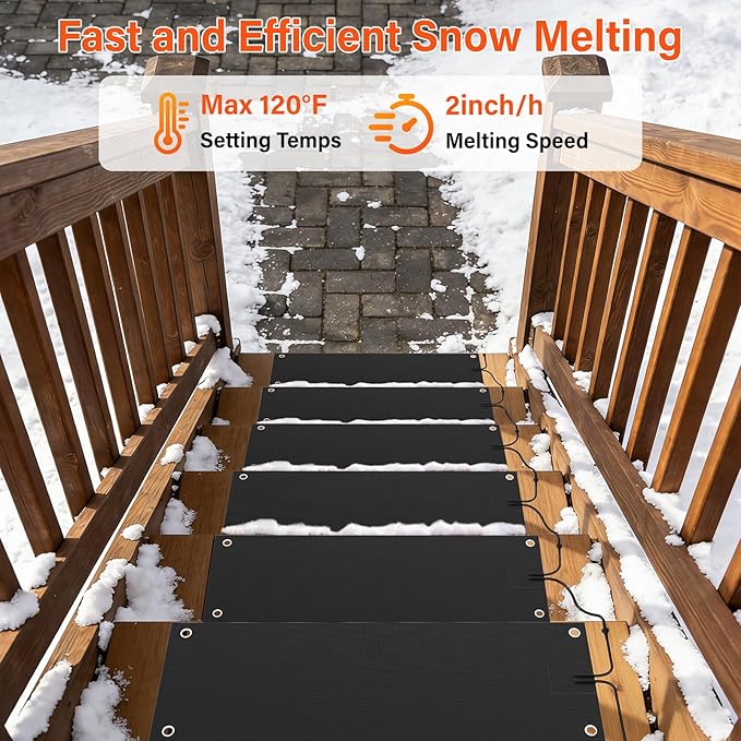 4 Pcs Heated Snow Melting Mats,10 x 30 in No-Slip Rubber Heated Outdoor Mats,Snow and Ice Melting Mats for Winter Outdoor Stairs,Steps,Doorways,Walkways,Driveway,2 in/h Melting Speed