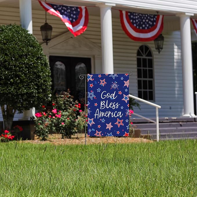 Louise Maelys God Bless America Garden Flag 4th of July Patriotic Independence Day 12x18 Inch Double Sided Stars and Stripes Small Burlap Yard Sign Outside Outdoor House Decoration