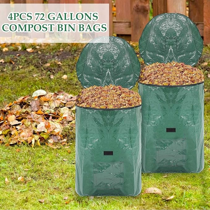 Berlune 4 Pack 132 Gallons Reusable Yard Waste Bag Garden Lawn Leaf Collector Bag Large Heavy Duty Collapsible Compost Bin with Lid and Handles for Outdoor Debris Leaves Grass Clippings
