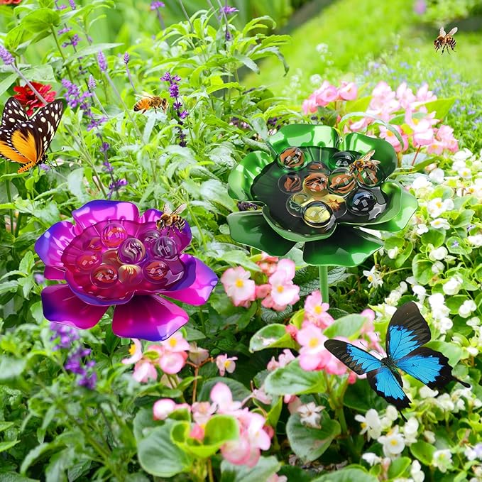 4 Pack Bee Watering Station, Metal Bee Feeder with Glass Marbles, Flower Design Bee Butterfly Watering Station Bee Waterer for Outdoor Garden Courtyard Decors