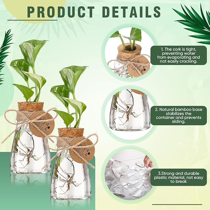 Baderke 12 Pack 3.35'' Plastic Plant Propagation Stations with Hole Lid Planter Vase Clear Propagation Jars with Thank You Tags for Plant Lover Gifts for Women Office Home Garden