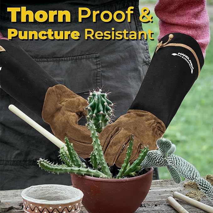 HANDLANDY Long Gardening Gloves for Men & Women, Pigskin Leather Rose Pruning Gloves, Breathable Thorn Proof Gauntlet Glove (Coffee Brown, S)