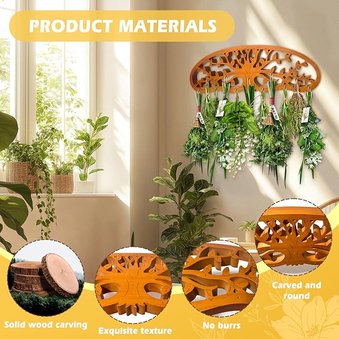 Rustic Flower Drying Rack Hanging – Artistic Tree of Life Design for Kitchen & Garden – Holds 11 Herb or Flower Bouquets – Space-Saving Decorative Dryer – Gift for Gardeners & Home Crafters