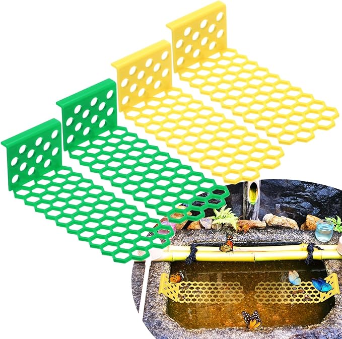 4-Pack Floating Bee Island, 18x6cm/7.09x2.36 Inch Plastic Floating Bee Watering Station for Feeding/Butterfly Bath/Outdoor Garden Decor [Green, Yellow]